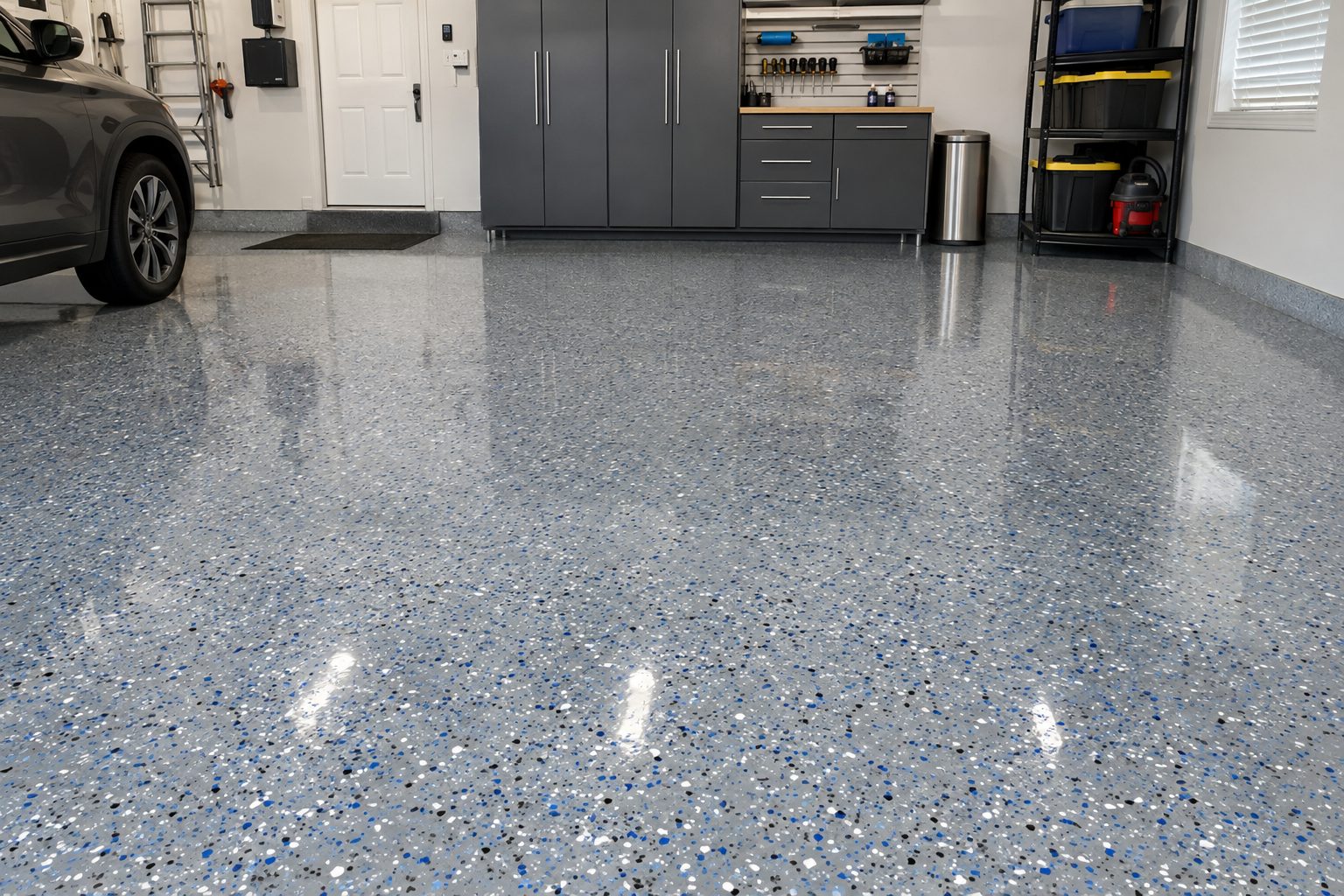 Epoxy garage floor with decorative vinyl flake finish