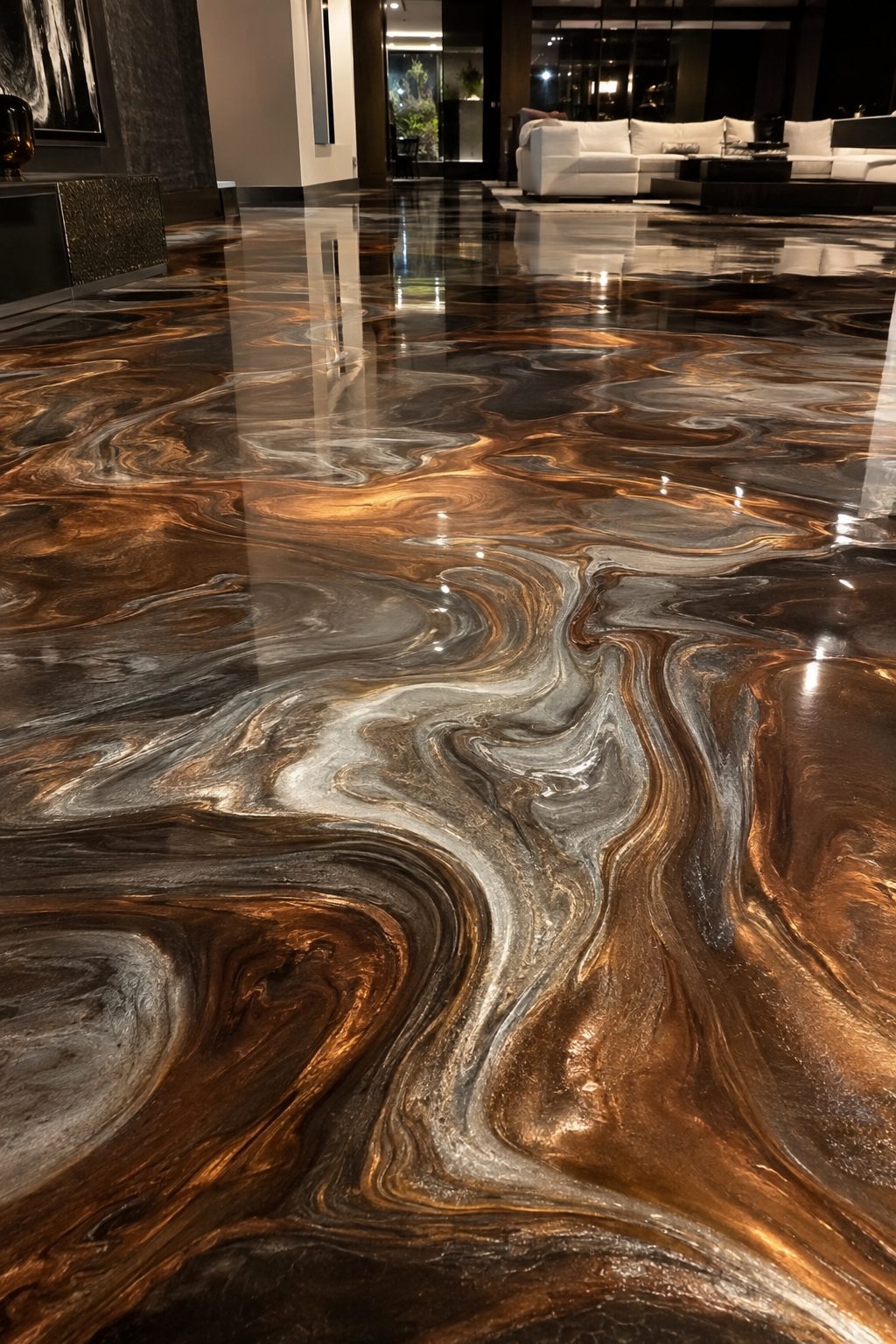 Stunning metallic epoxy floor with swirling bronze and copper patterns