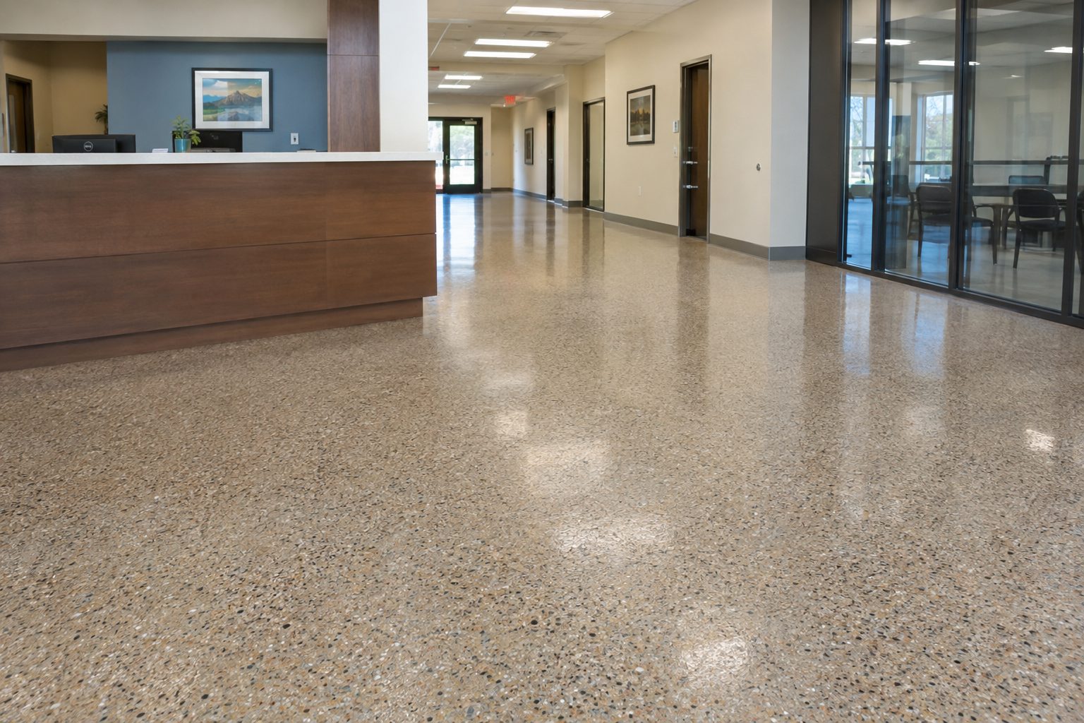 Commercial space with quartz epoxy flooring in earth tones