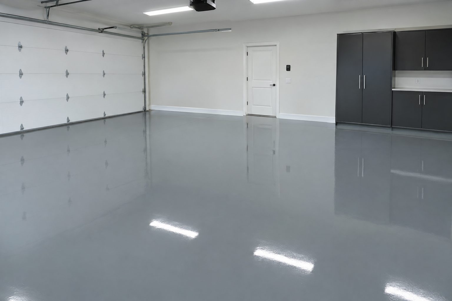 Modern garage with seamless solid color epoxy floor in gray