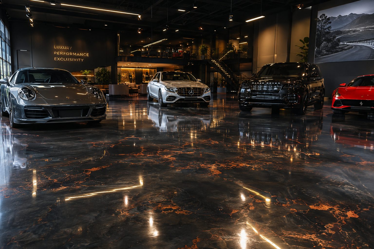 Luxury showroom with premium metallic epoxy floor