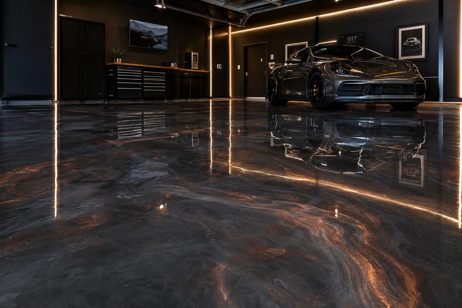 Premium epoxy garage floor with metallic charcoal finish and copper swirls