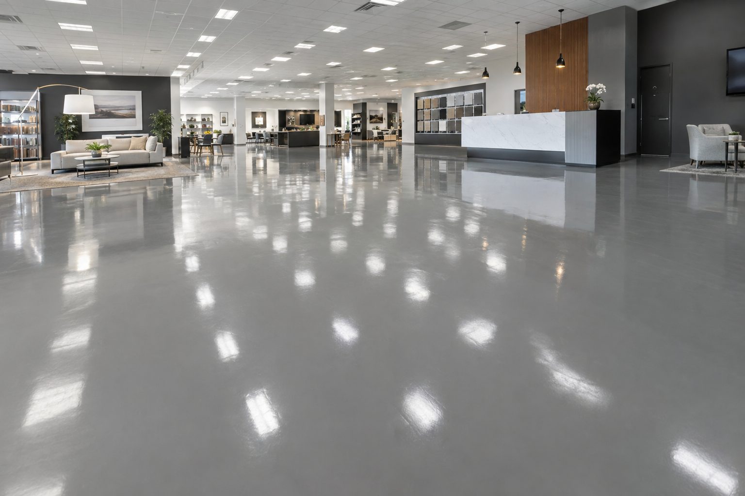 Commercial showroom floor with seamless solid color epoxy in gray