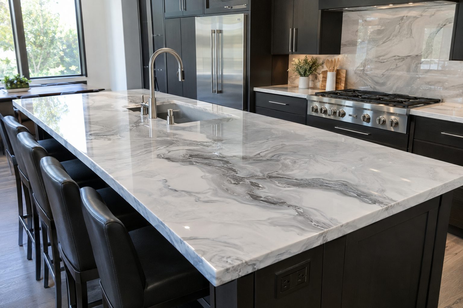 Kitchen with a white and gray marble-look metallic epoxy countertop