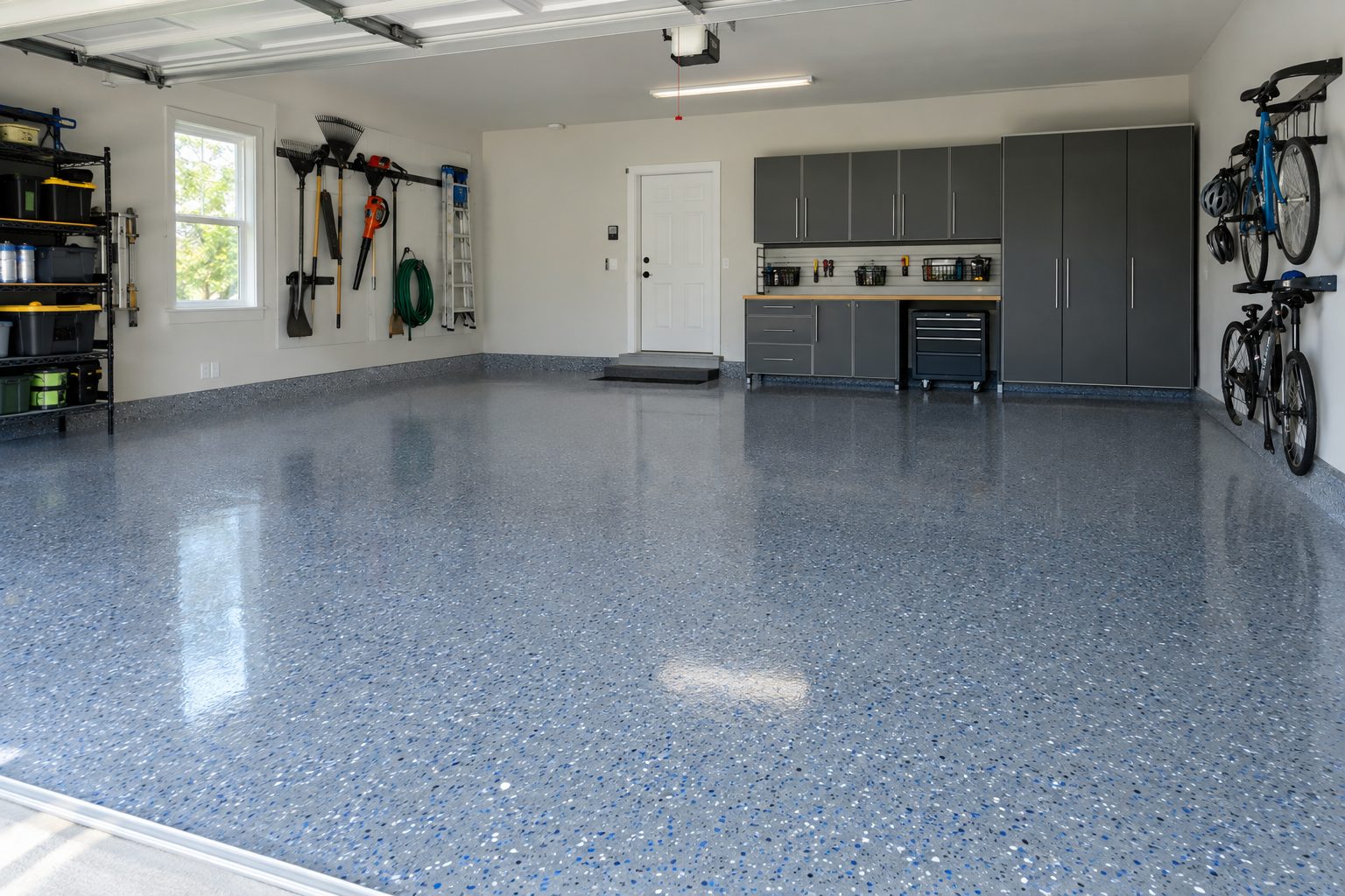 Garage floor with decorative flake epoxy coating in gray and blue