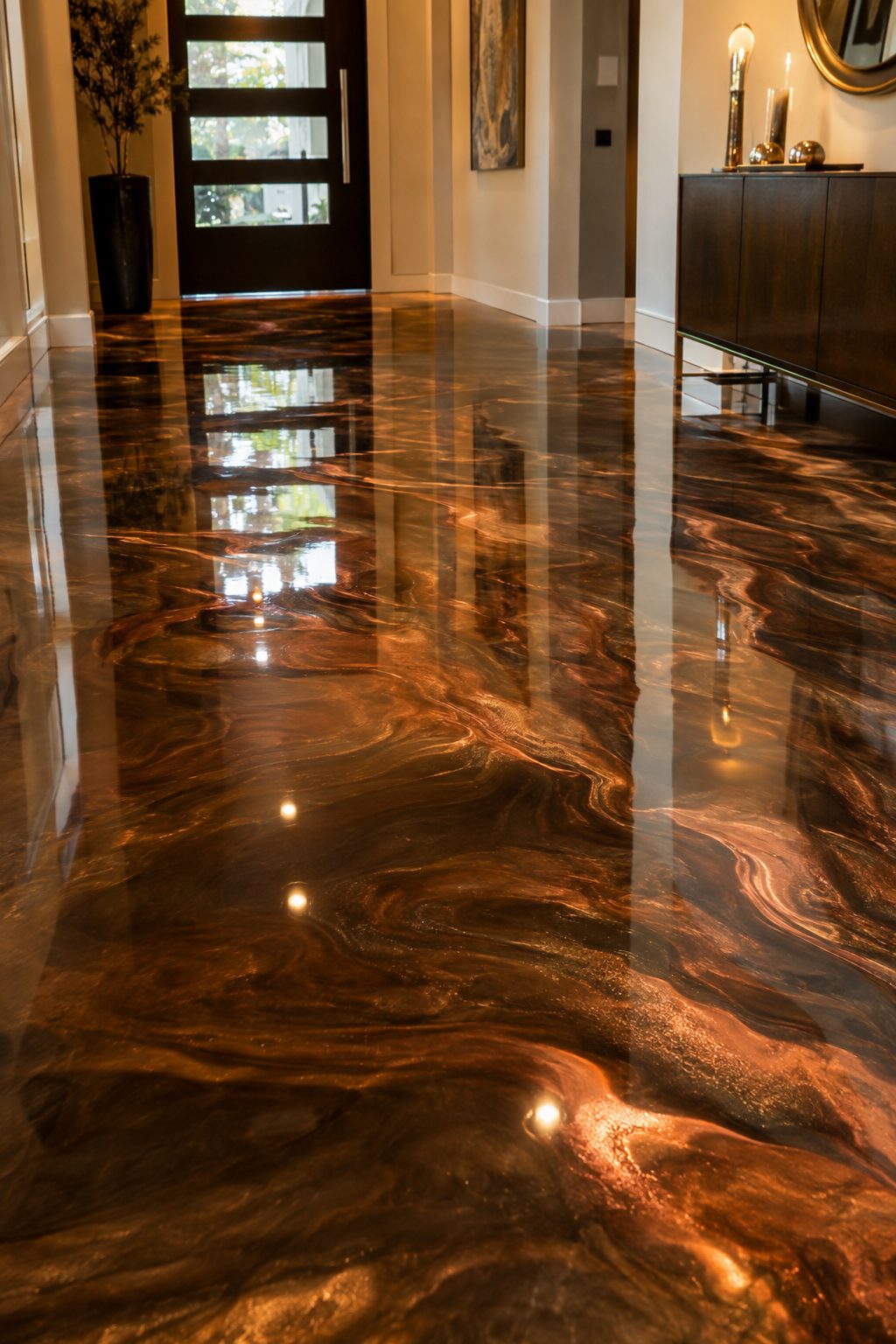 Metallic epoxy floor with bronze and copper swirling 3D effect in a modern entryway