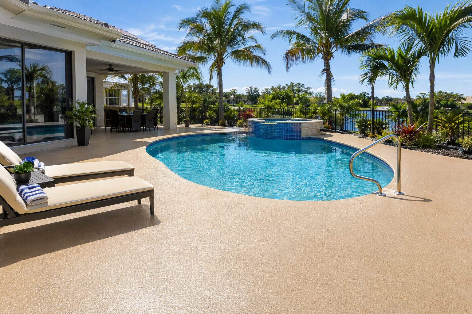 Pool deck with warm tan epoxy coating, non-slip texture, surrounding a swimming pool